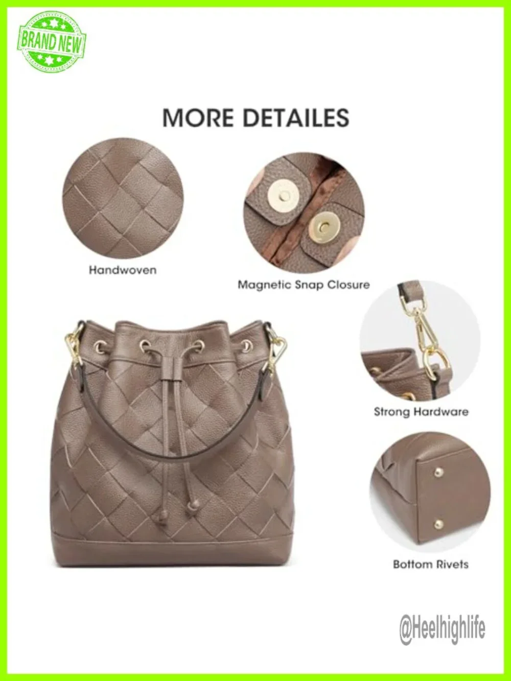 Woven Leather Bucket Bag Drawstring Crossbody Hobo with 2 Straps